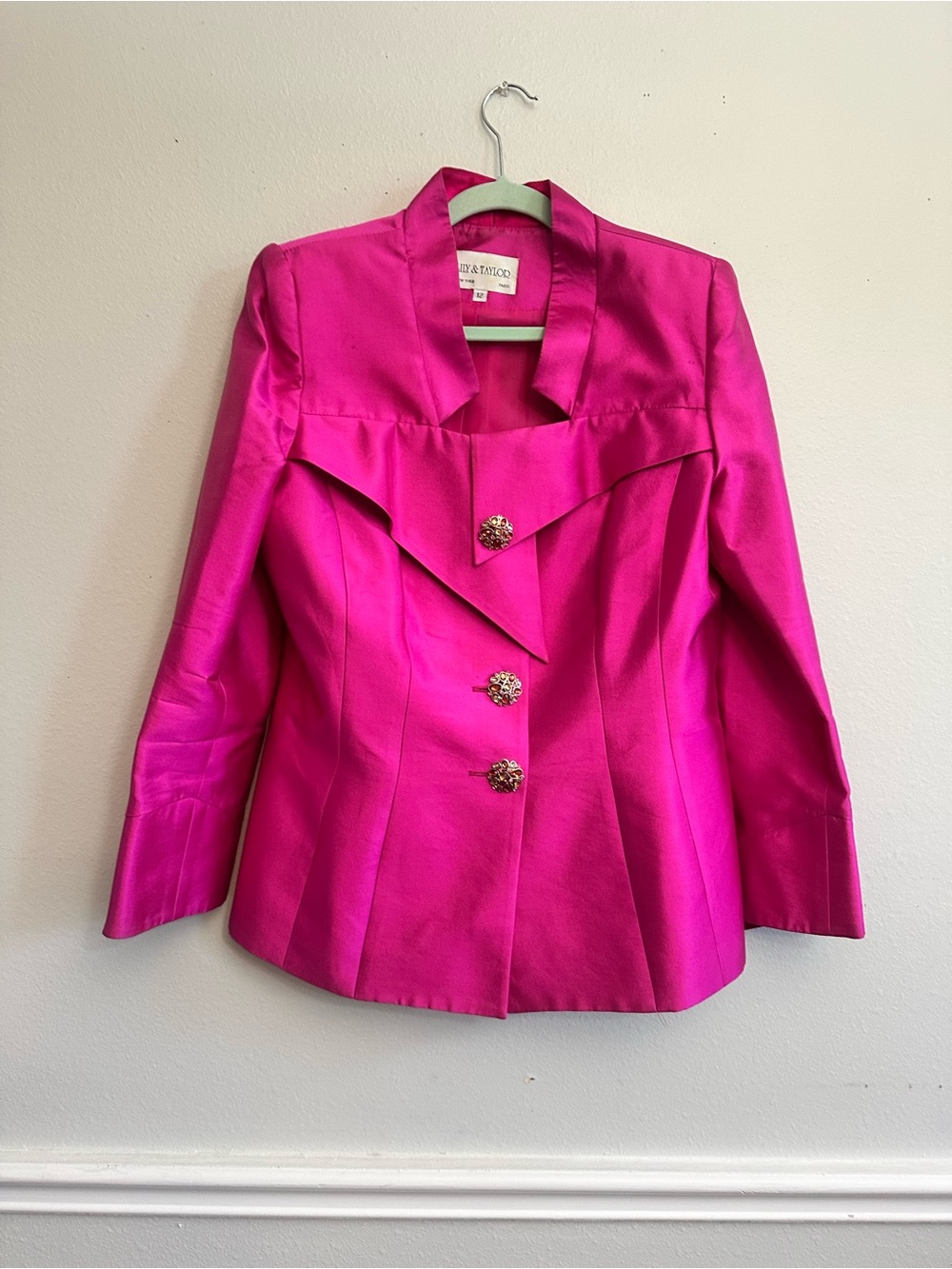 Bright Pink‎ vintage Women's Satin Blazer with rhinestone Buttons